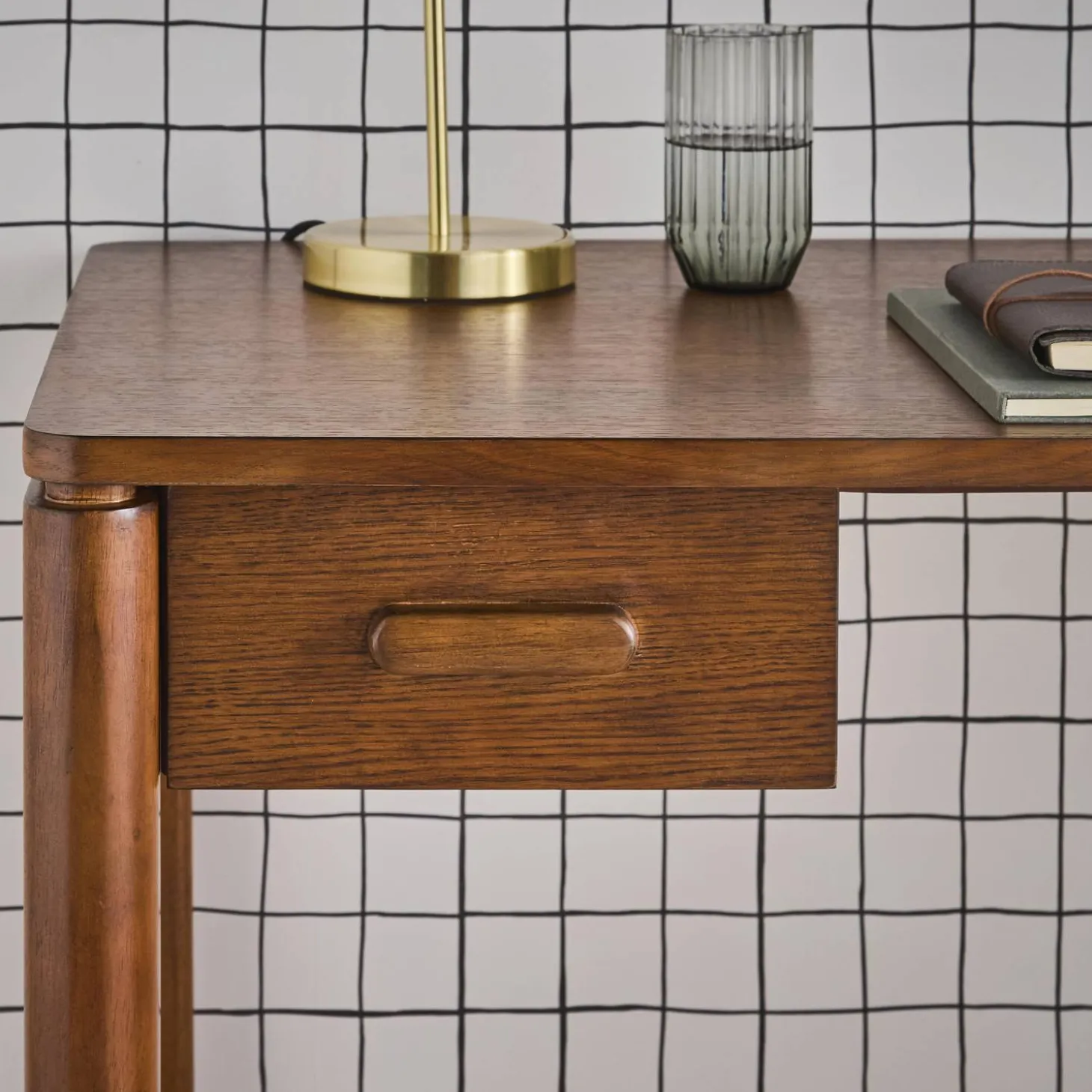 Escritorio de madera de hevea con chapa de roble, 1 cajón