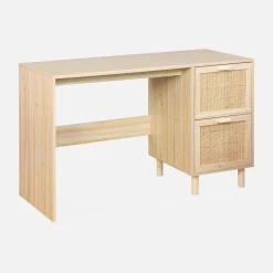 Escritorio efecto caña y madera con 2 cajones