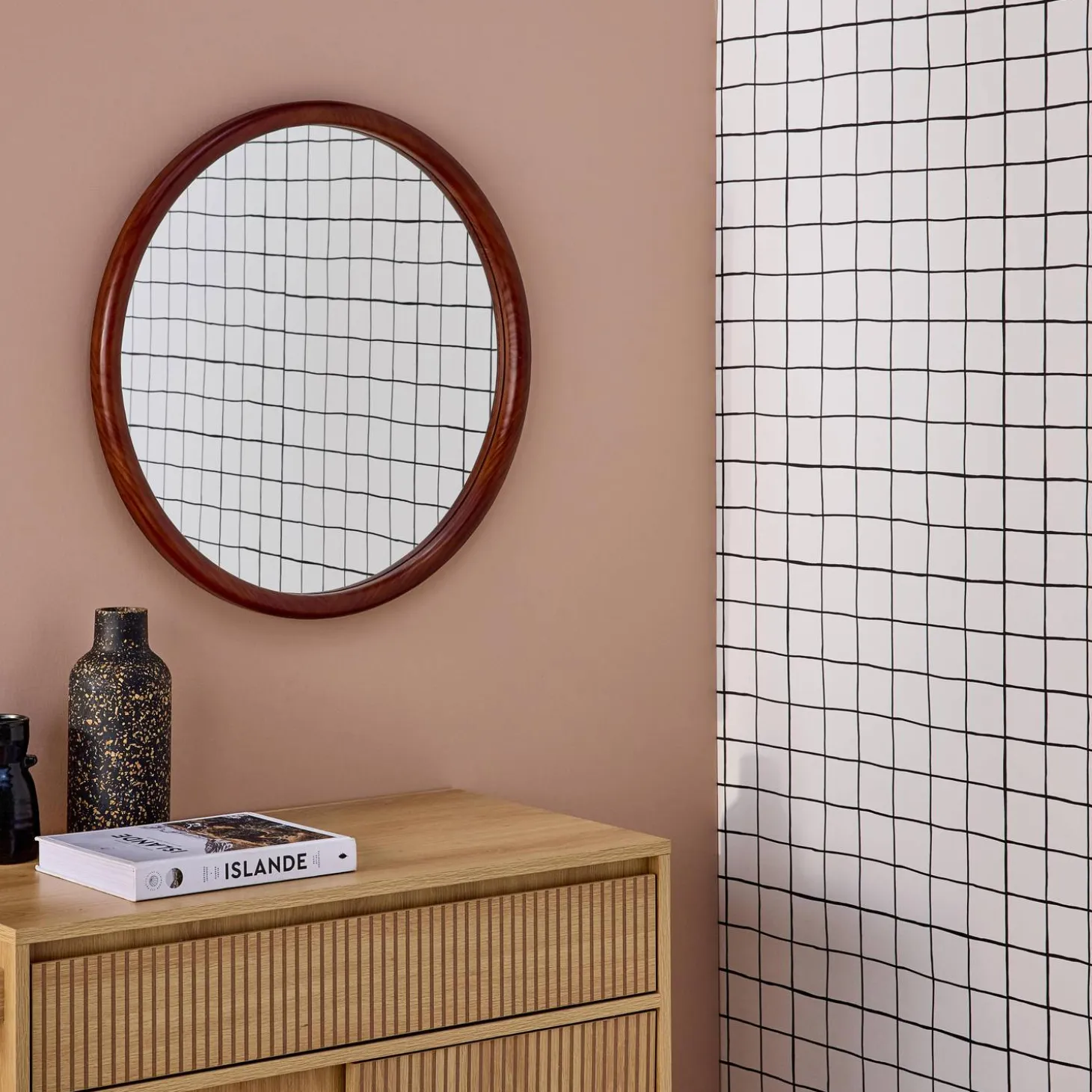 Espejo redondo de madera de pino decorativo de pared, 60cm