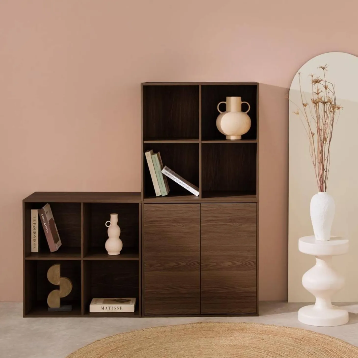 Estante, biblioteca modular con 2 puertas y 8 nichos