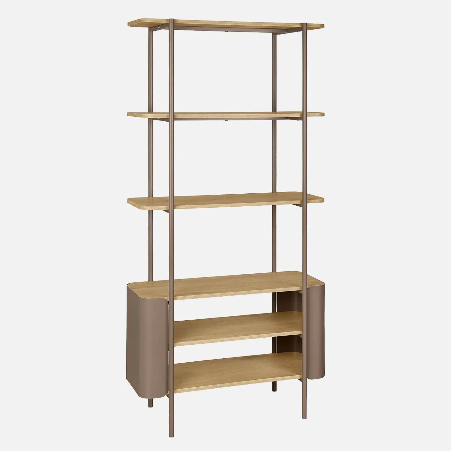 Estantería biblioteca de metal curvado y decoración de madera, 6 niveles
