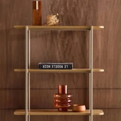Estantería biblioteca de metal curvado y decoración de madera, 6 niveles