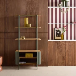 Estantería biblioteca de metal curvado y decoración de madera, 6 niveles