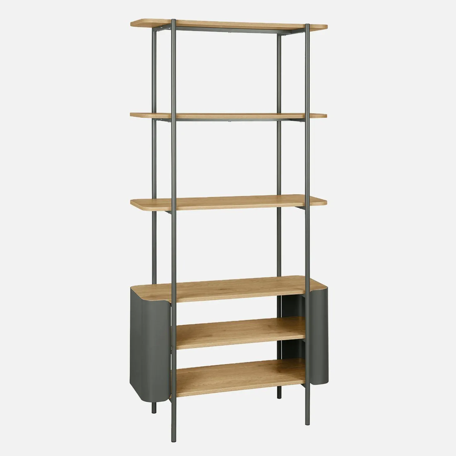 Estantería biblioteca de metal curvado y decoración de madera, 6 niveles