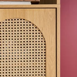 Estantería biblioteca decorativa de madera y mimbre 4 niveles, 2 puertas
