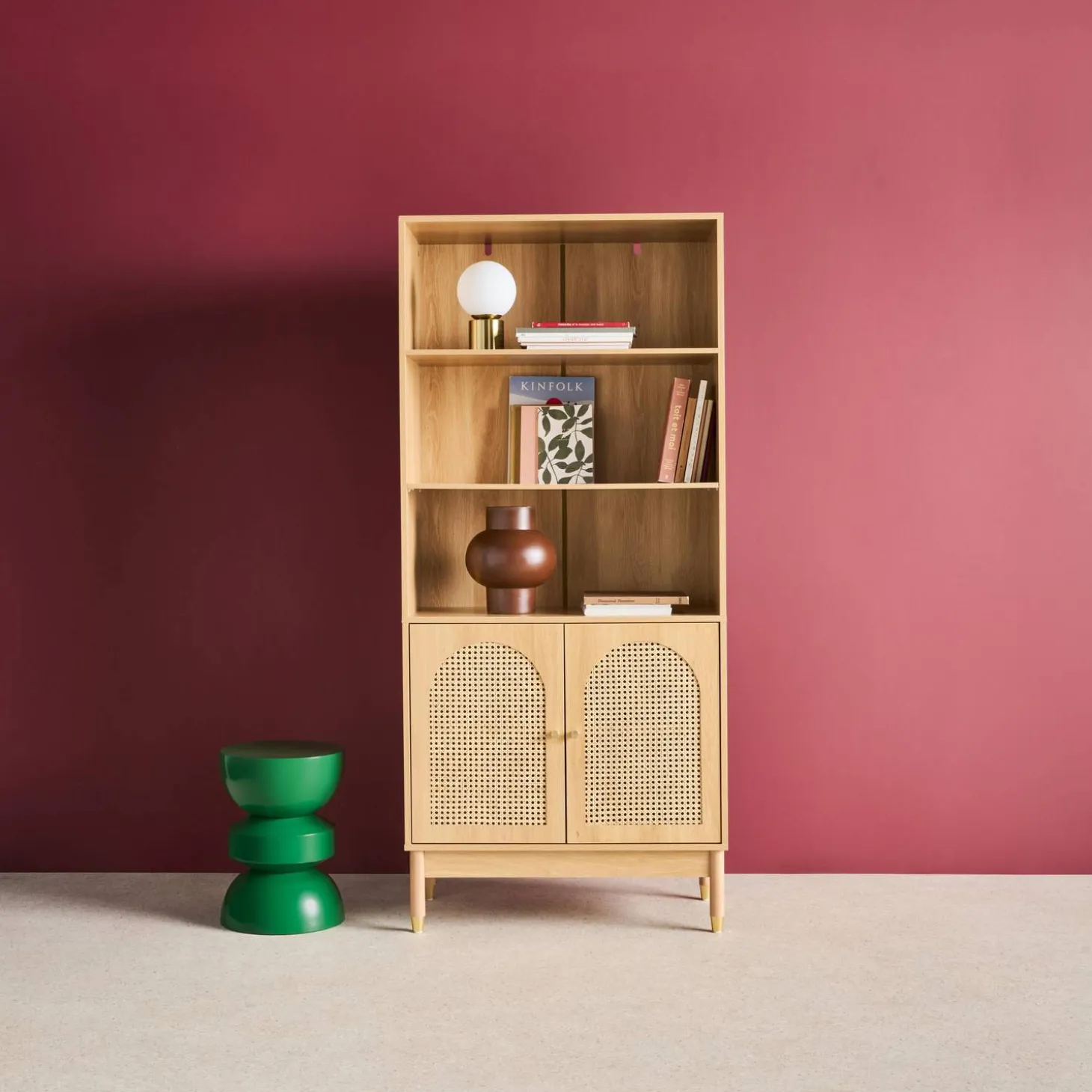 Estantería biblioteca decorativa de madera y mimbre 4 niveles, 2 puertas