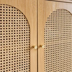 Estantería biblioteca decorativa de madera y mimbre 4 niveles, 2 puertas