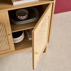 Estantería biblioteca decorativa de madera y mimbre 4 niveles, 2 puertas