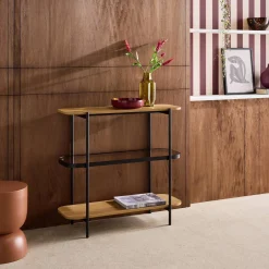 Estantería librería de vidrio, decoración de madera y metal, 3 niveles
