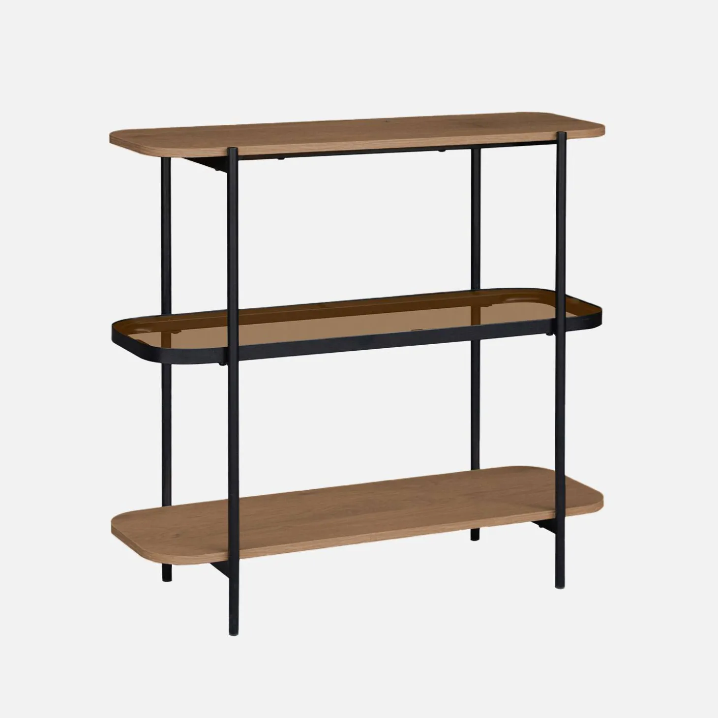 Estantería librería de vidrio, decoración de madera y metal, 3 niveles