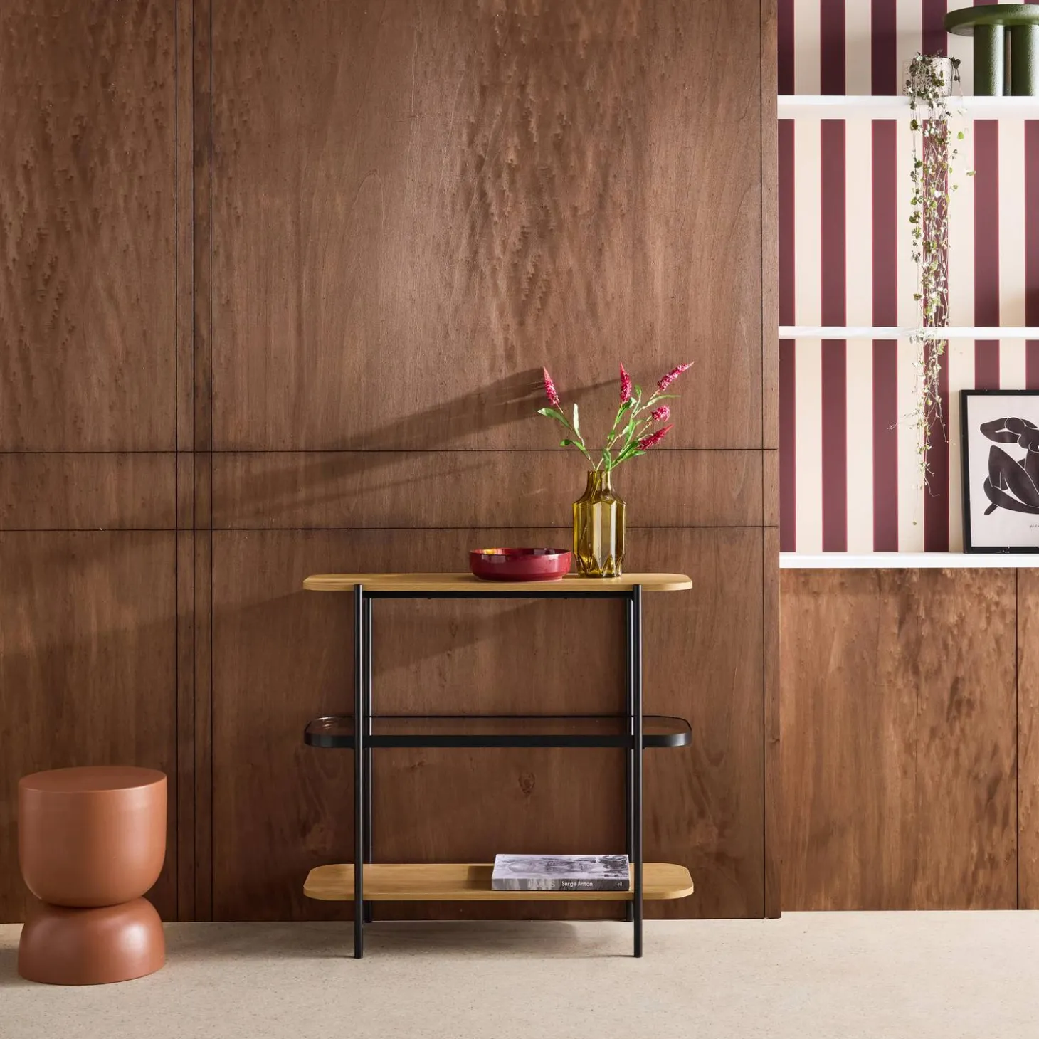 Estantería librería de vidrio, decoración de madera y metal, 3 niveles