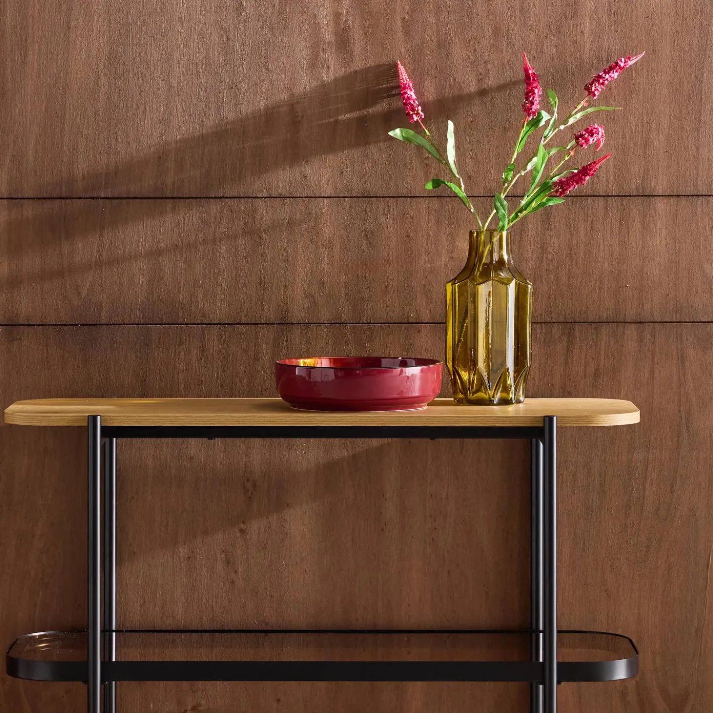 Estantería librería de vidrio, decoración de madera y metal, 3 niveles