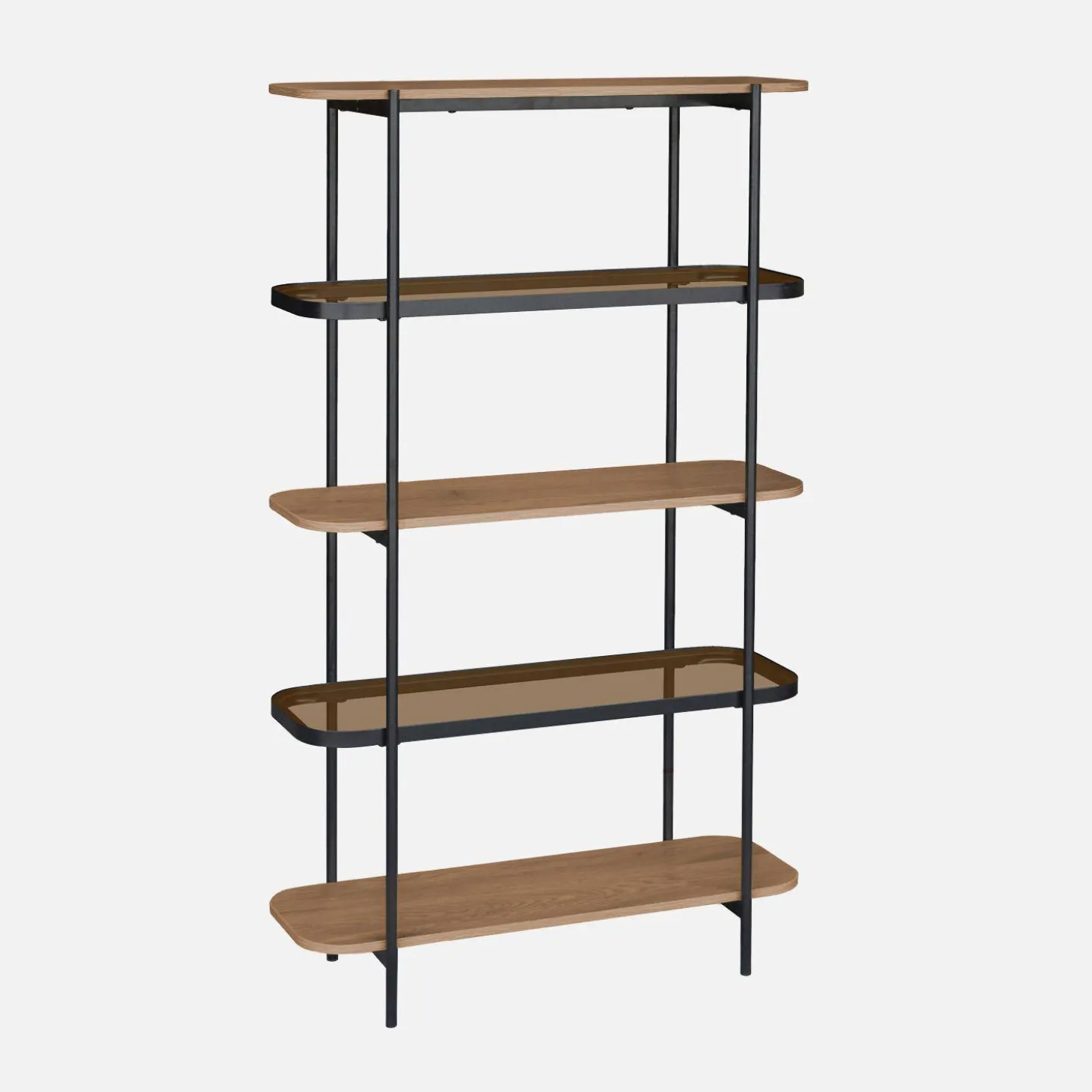 Estantería librería de vidrio, decoración de madera y metal, 5 niveles