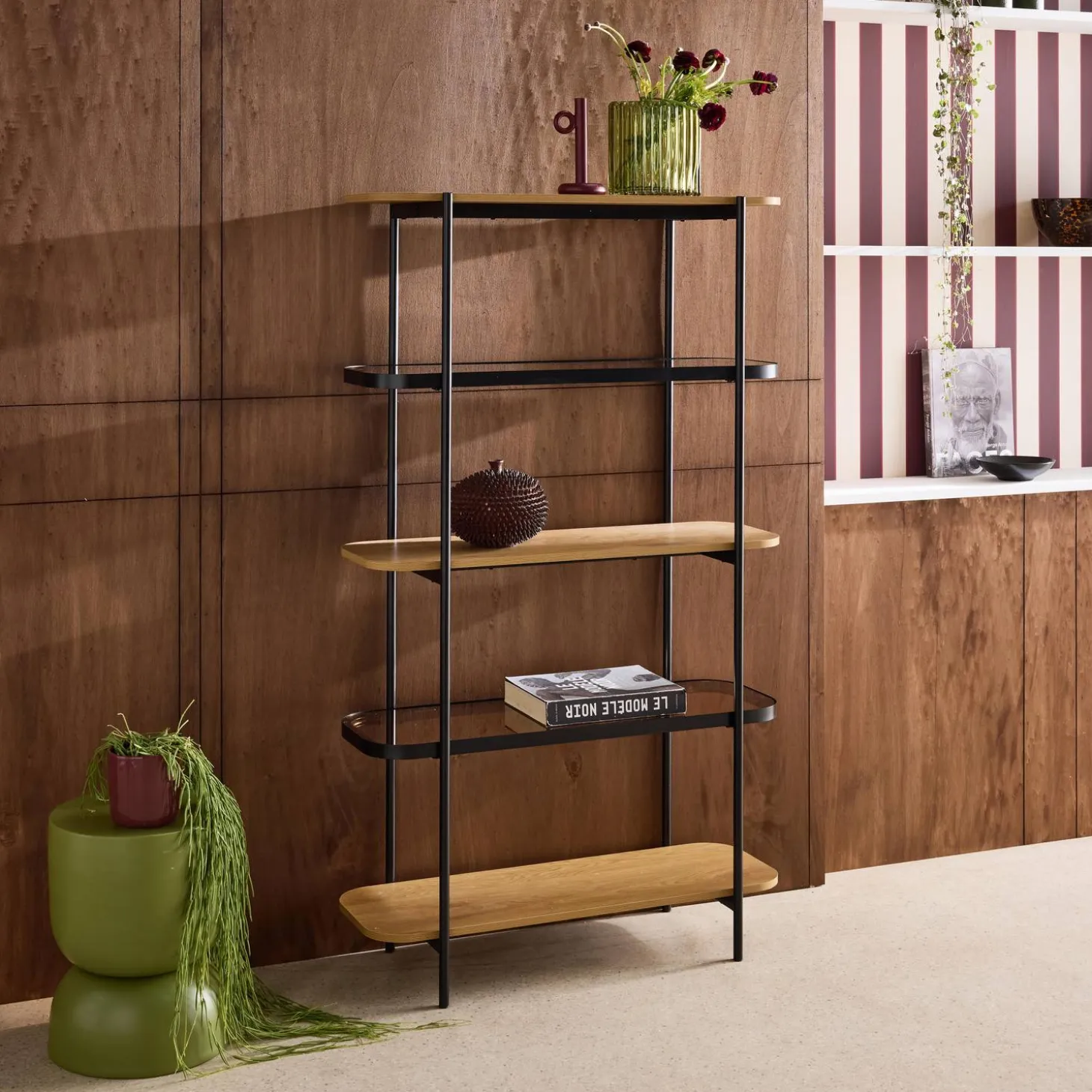 Estantería librería de vidrio, decoración de madera y metal, 5 niveles