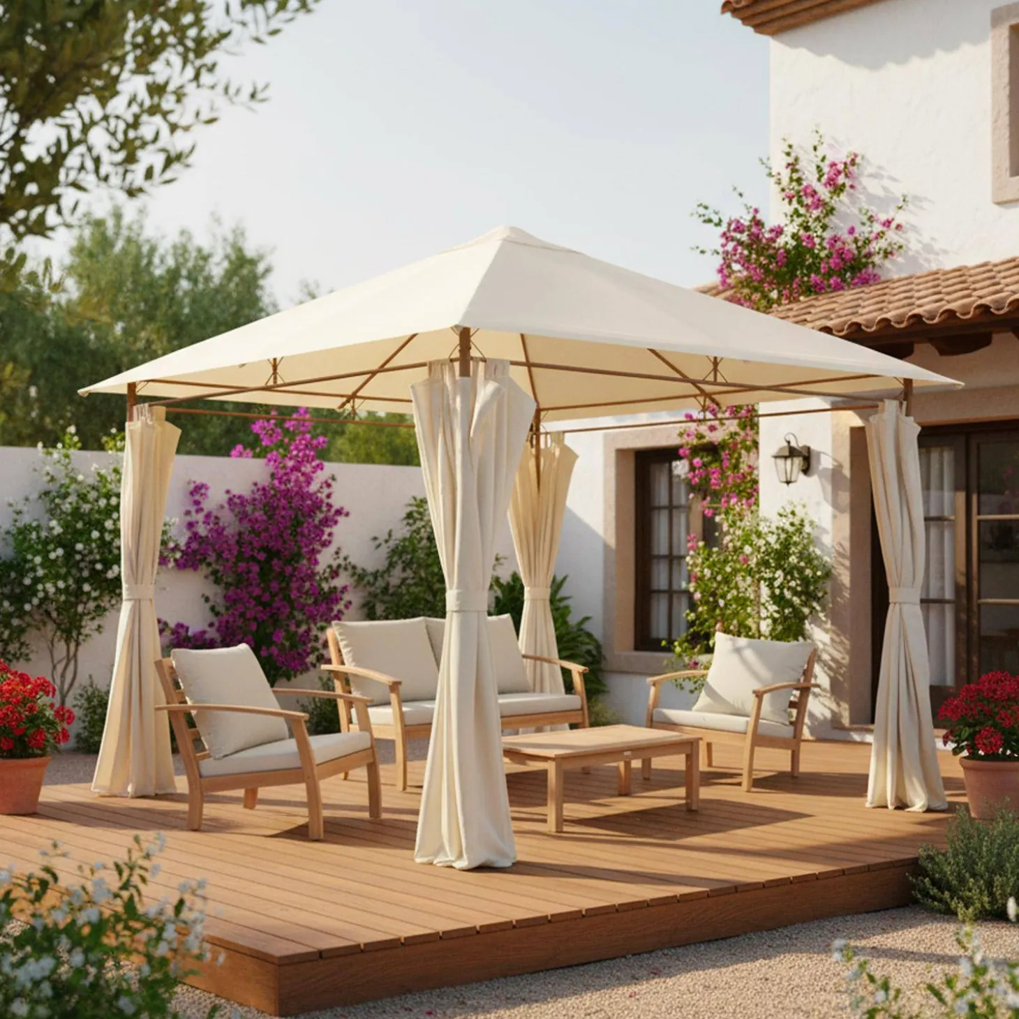 Gazebo de jardín con cortinas 3x3m