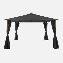 Gazebo de jardín 3x4m de aluminio efecto madera con cortinas y led