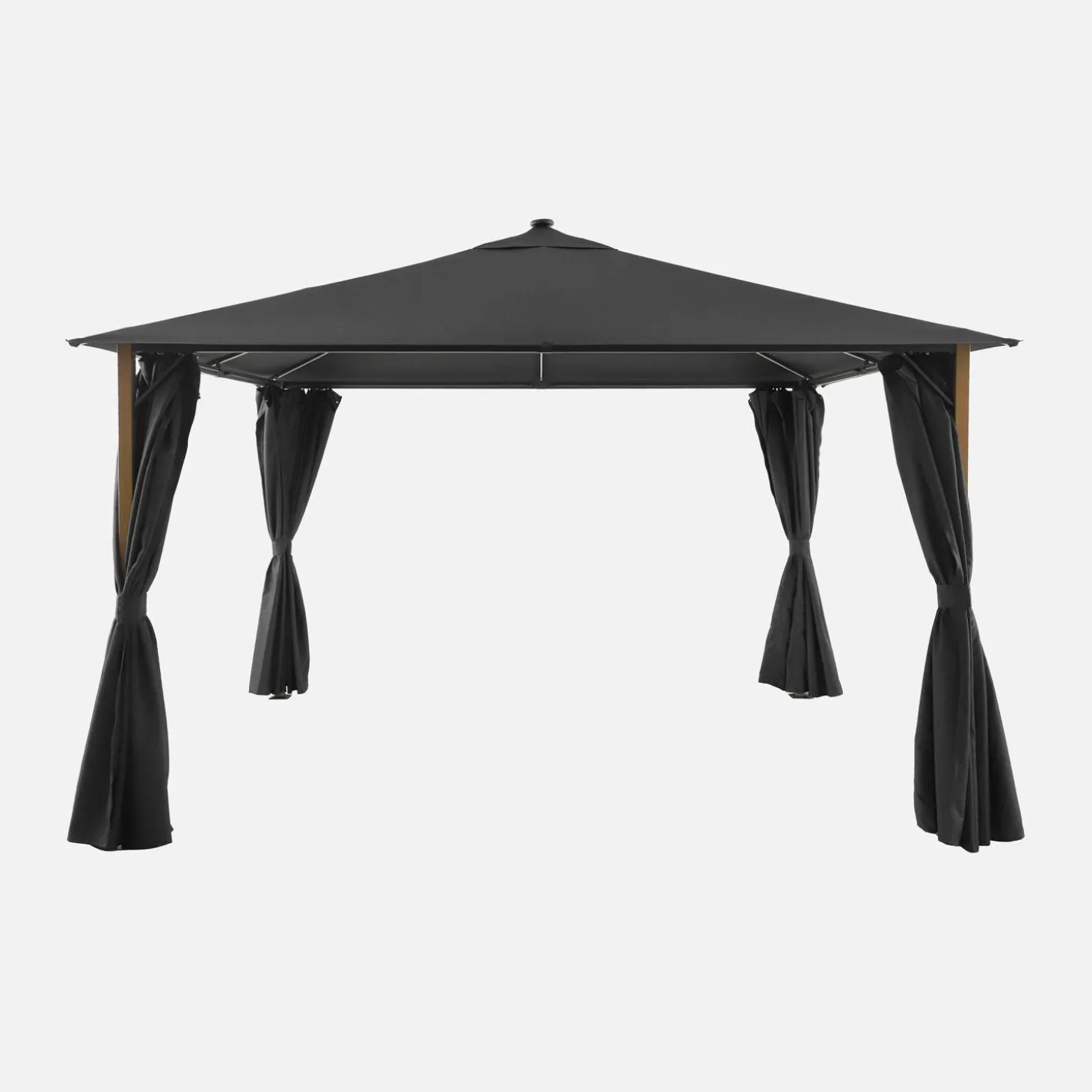 Gazebo de jardín 3x4m de aluminio efecto madera con cortinas y led