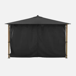 Gazebo de jardín 3x4m de aluminio efecto madera con cortinas y led