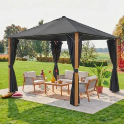Gazebo de jardín 3x3m de aluminio efecto madera con cortinas y led