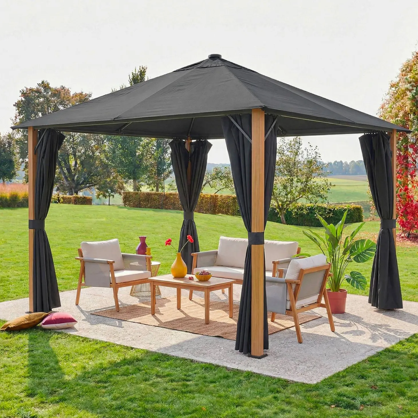 Gazebo de jardín 3x3m de aluminio efecto madera con cortinas y led