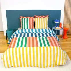 Juego de cama de algodón con estampado de rayas multicolor, 2 plazas