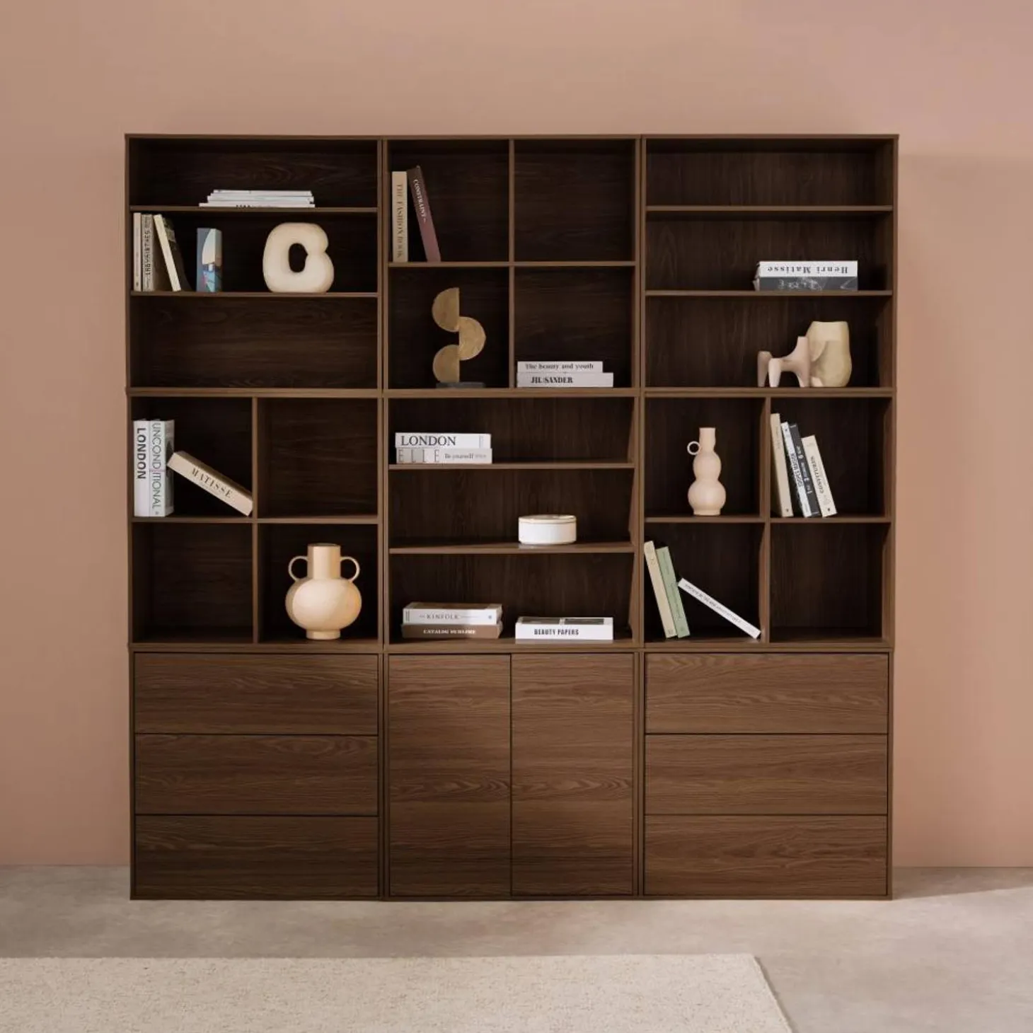 Kit estantería o biblioteca modular decorativa madera con 9 elementos