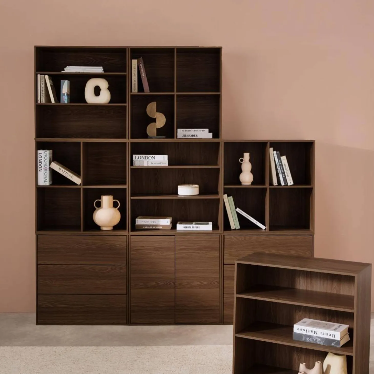Kit estantería o biblioteca modular decorativa madera con 9 elementos
