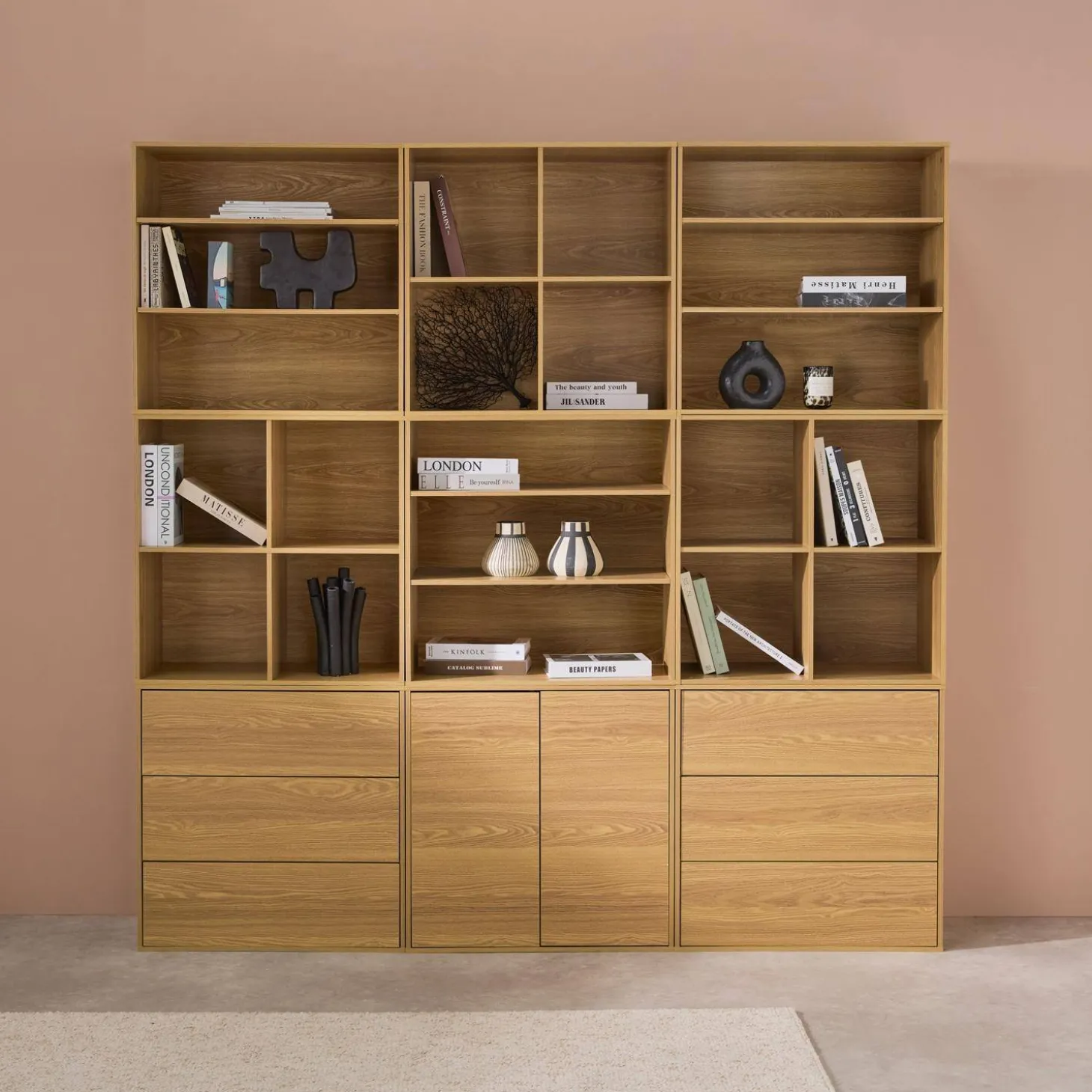 Kit estantería o biblioteca modular decorativa madera con 9 elementos