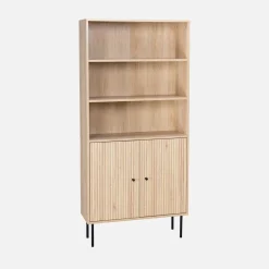 Librería de madera y metal negro con 2 puertas
