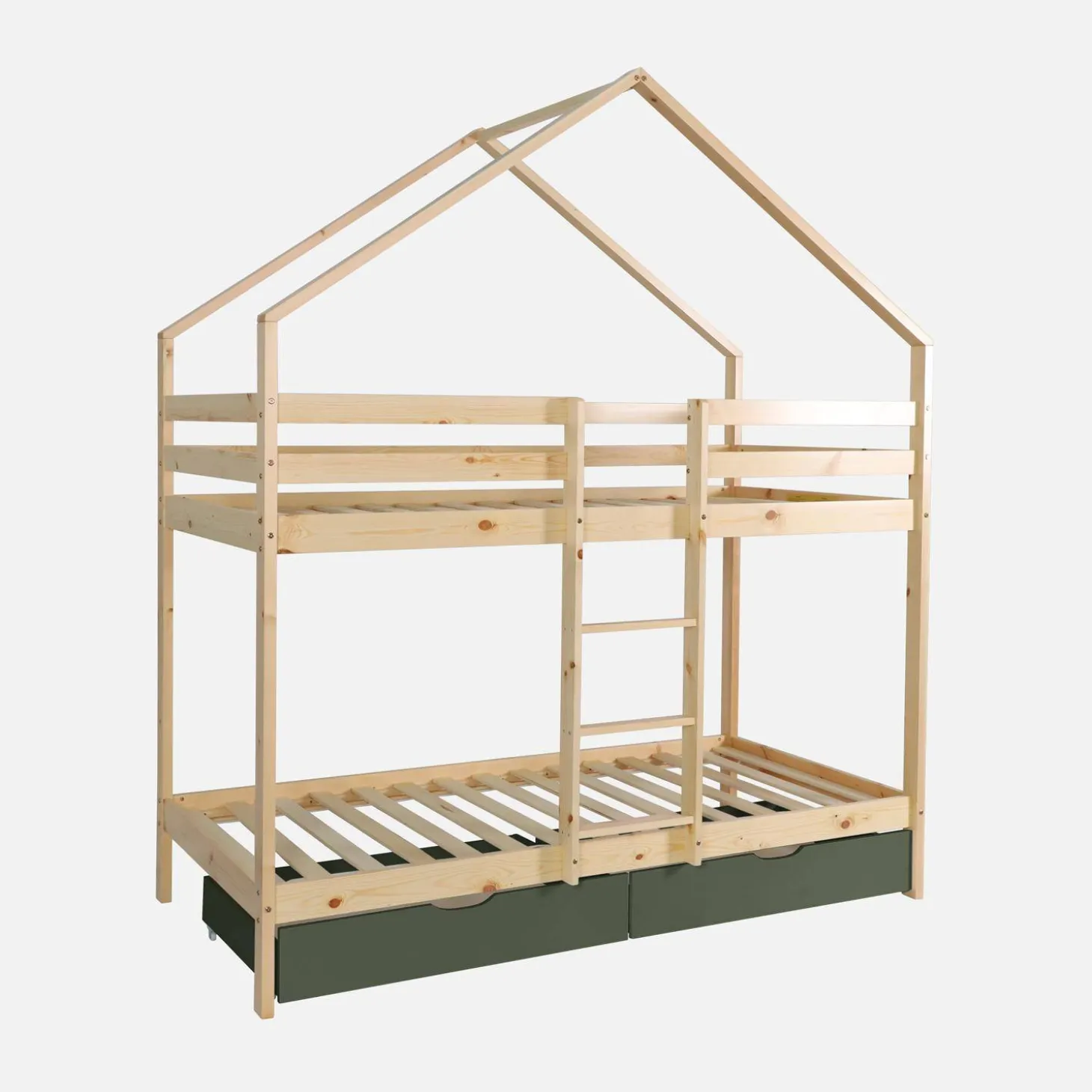 Litera infantil cabaña pino natural somier de láminas y cajones, 190cm