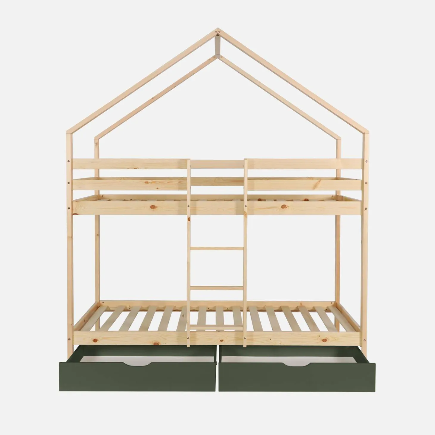 Litera infantil cabaña pino natural somier de láminas y cajones, 190cm