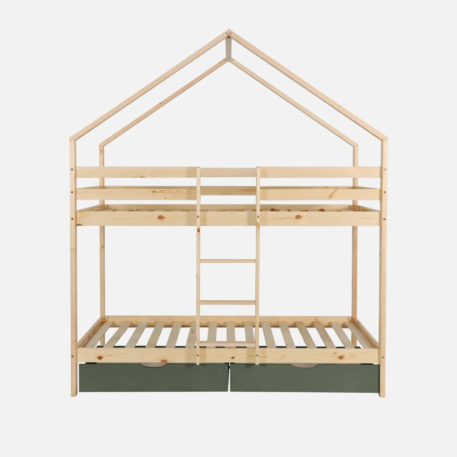 Litera infantil cabaña pino natural somier de láminas y cajones, 190cm