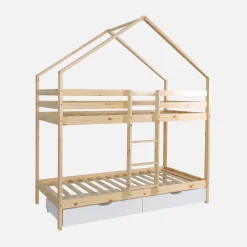Litera infantil cabaña pino natural somier de láminas y cajones, 190cm