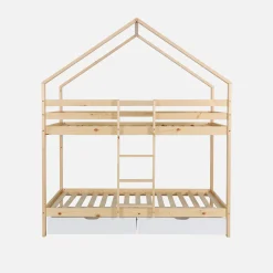 Litera infantil cabaña pino natural somier de láminas y cajones, 190cm