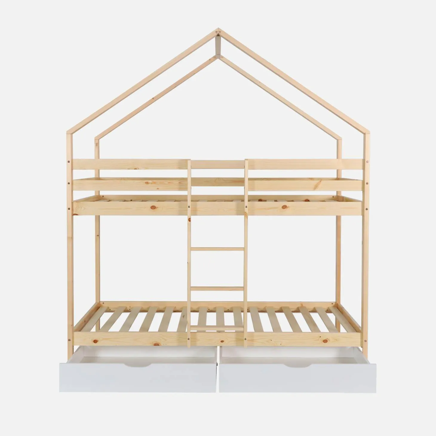 Litera infantil cabaña pino natural somier de láminas y cajones, 190cm