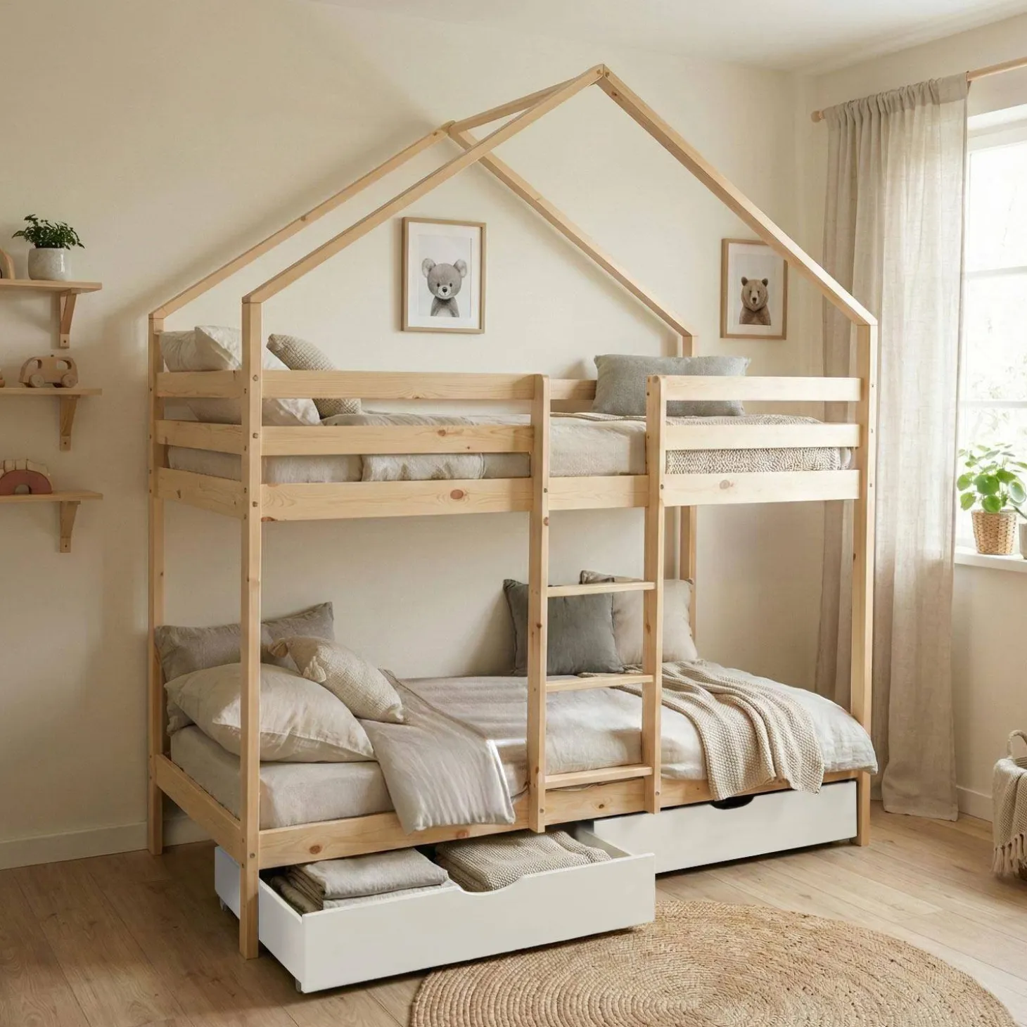 Litera infantil cabaña pino natural somier de láminas y cajones, 190cm