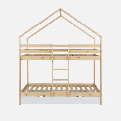 Litera infantil 190cm en pino natural estilo cabaña con somier y cajón