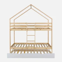 Litera infantil 190cm en pino natural estilo cabaña con somier y cajón