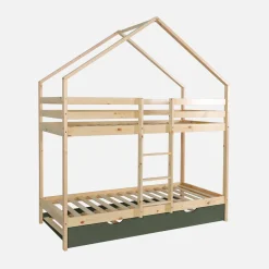 Litera infantil 190cm en pino natural estilo cabaña con somier y cajón