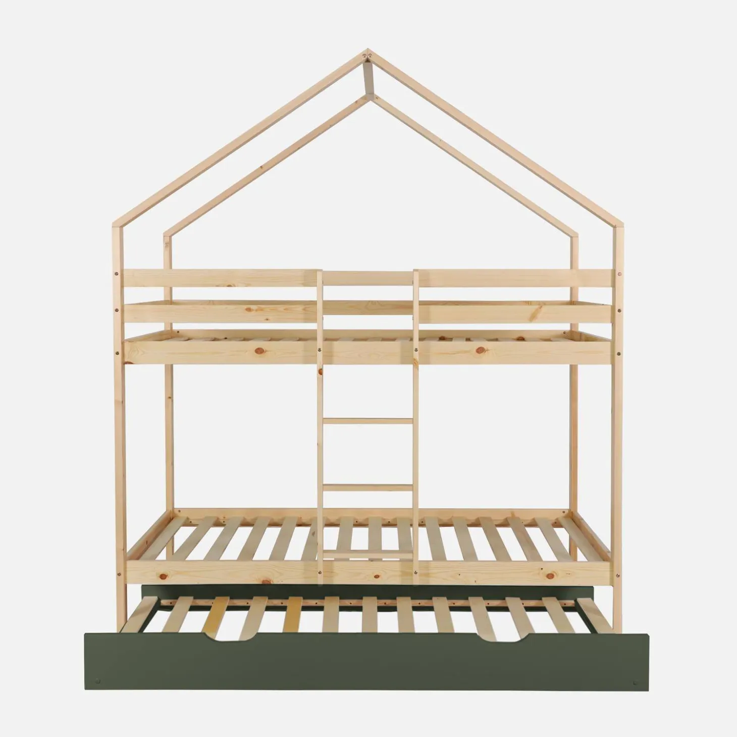 Litera infantil 190cm en pino natural estilo cabaña con somier y cajón