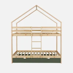 Litera infantil 190cm en pino natural estilo cabaña con somier y cajón