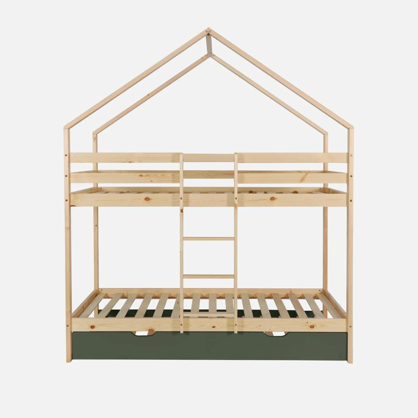 Litera infantil 190cm en pino natural estilo cabaña con somier y cajón