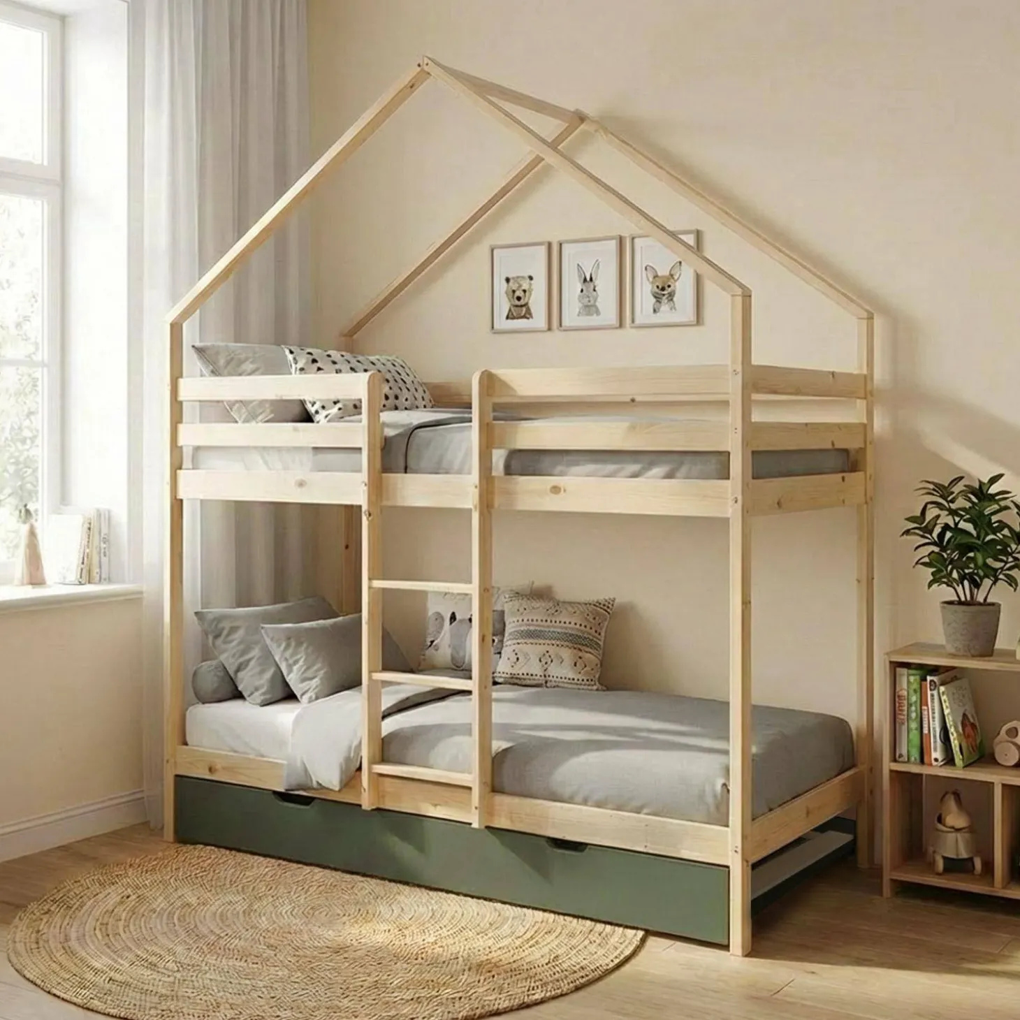 Litera infantil 190cm en pino natural estilo cabaña con somier y cajón