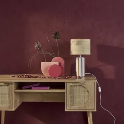 Lámpara de mesa interior cerámica pantalla efecto ratán