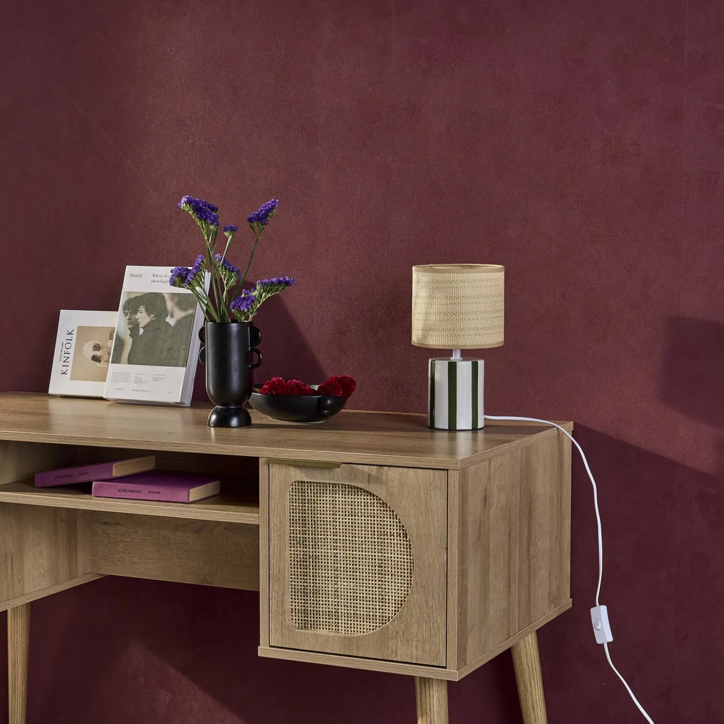 Lámpara de mesa interior cerámica pantalla de efecto de mimbre