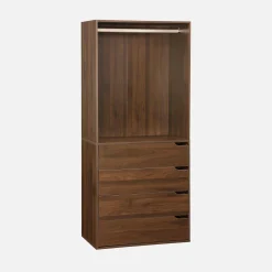 Módulo de vestidor decorado en madera con 4 cajones y 1 barra para colgar