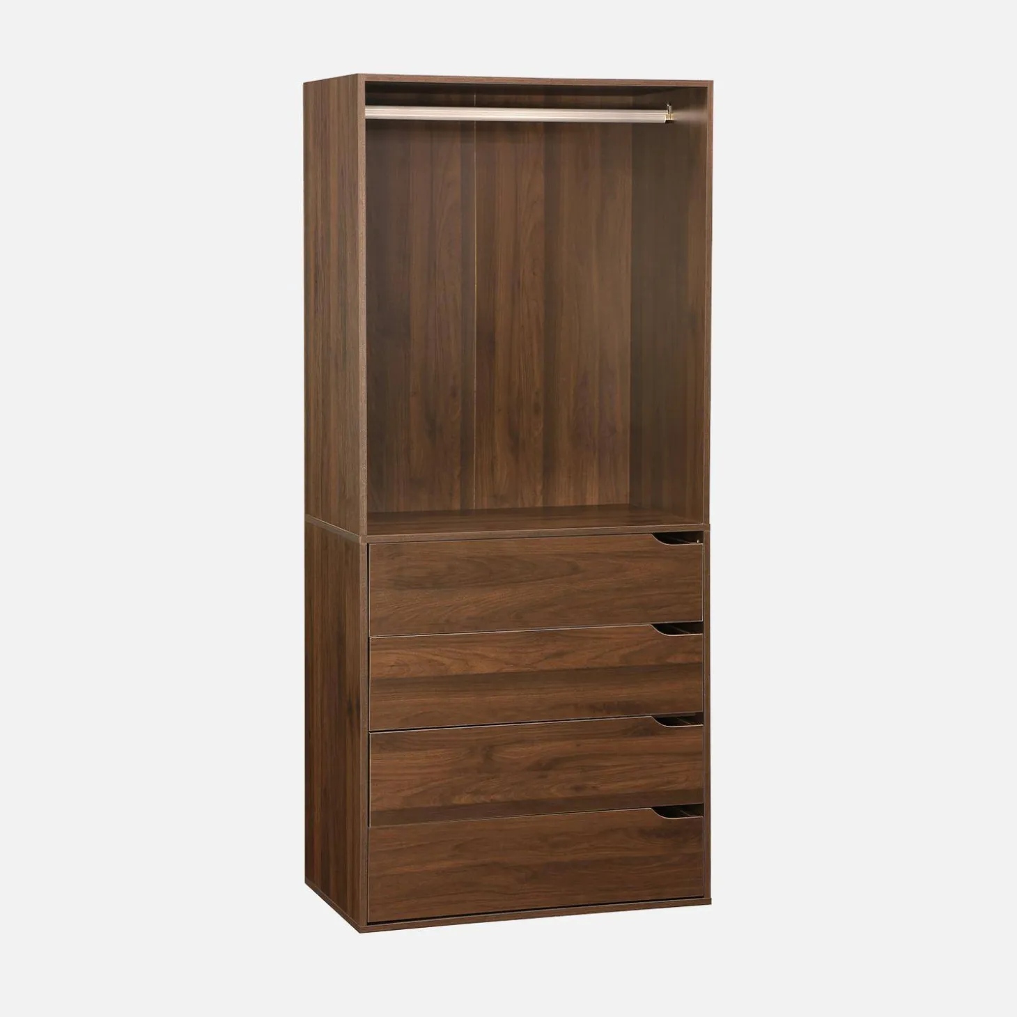 Módulo de vestidor decorado en madera con 4 cajones y 1 barra para colgar