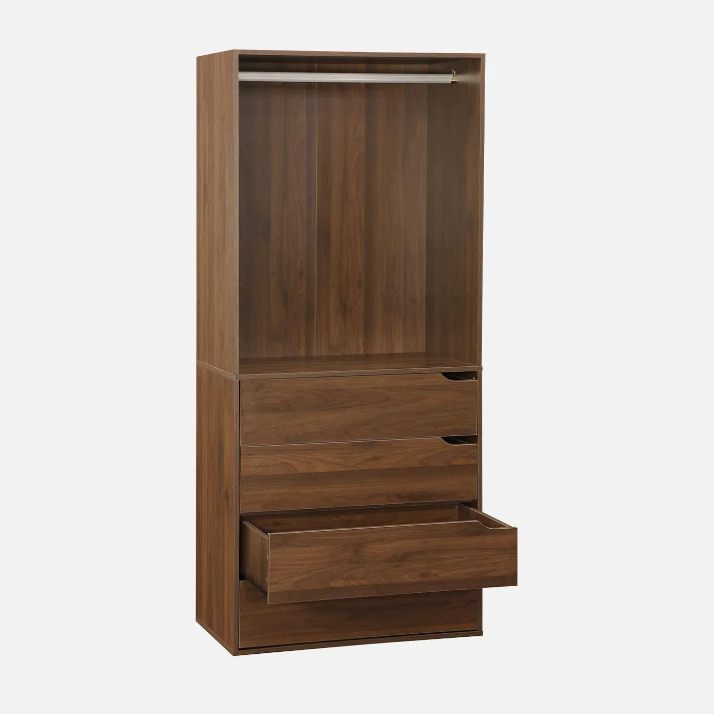 Módulo de vestidor decorado en madera con 4 cajones y 1 barra para colgar