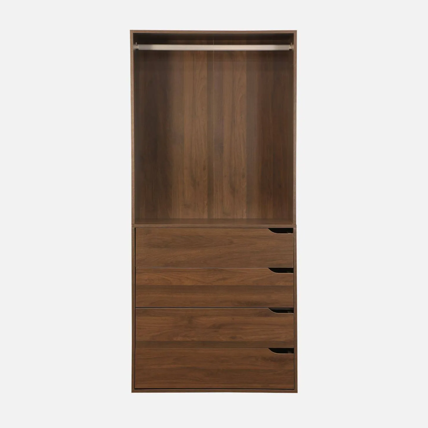 Módulo de vestidor decorado en madera con 4 cajones y 1 barra para colgar