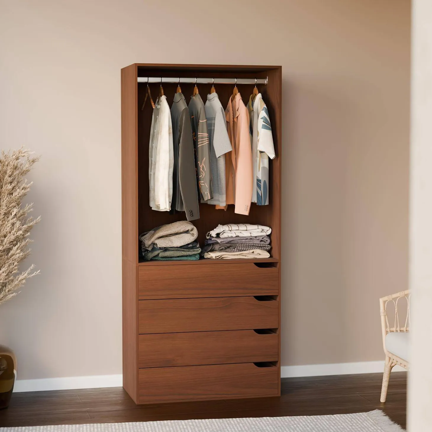 Módulo de vestidor decorado en madera con 4 cajones y 1 barra para colgar